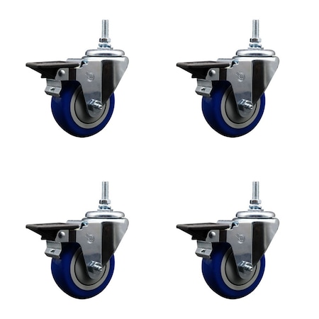 Service Caster 35 Inch Blue Polyurethane 38 Inch Threaded Stem Caster Set with Brake SCC-TS20S3514-PPUB-BLUE-PLB-381615-4